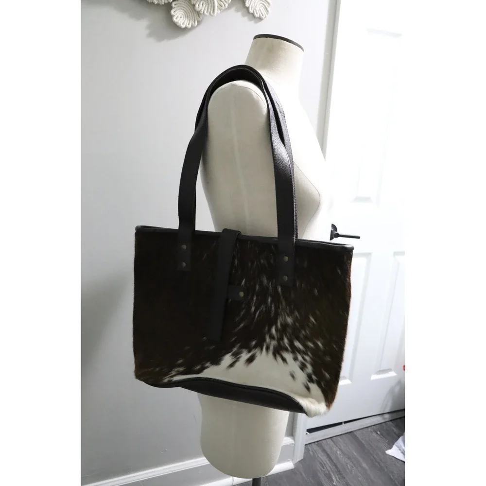 Western Linen Cowhide Fur Leather Tote Bag Brown White Animal Print Shoulder Bag